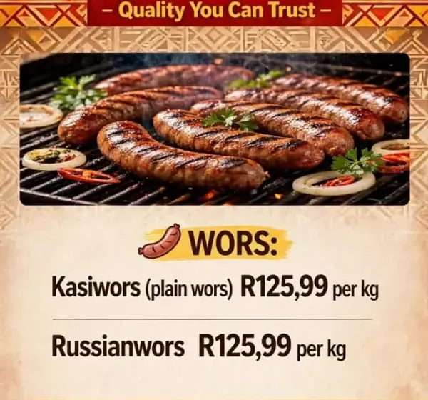 Is'Shabo Galore price list showing kasiwors and Russianwors at R125,99 per kg
