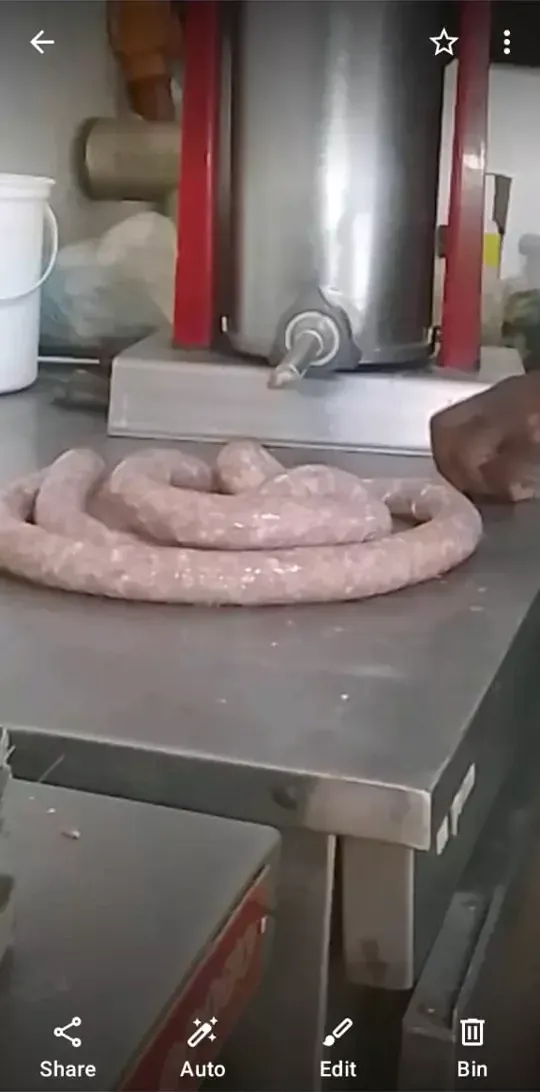 Raw coiled sausages on a metal table with a sausage stuffer machine